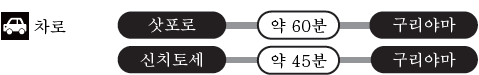 차로 삿포로 약 60분 구리야마 신치토세 약45분 구리야마