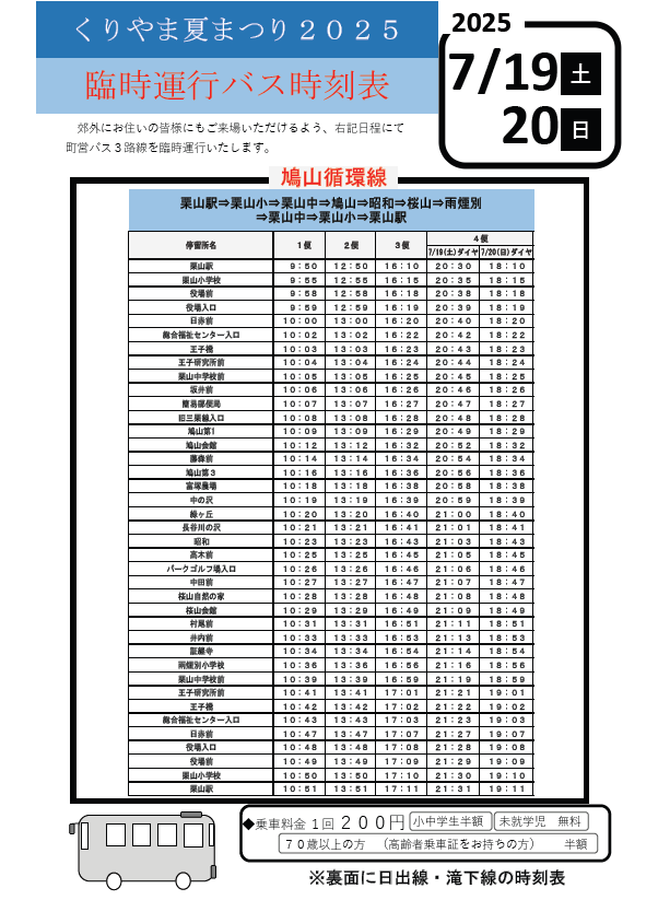R7くりやま夏まつり臨時便時刻表（表）