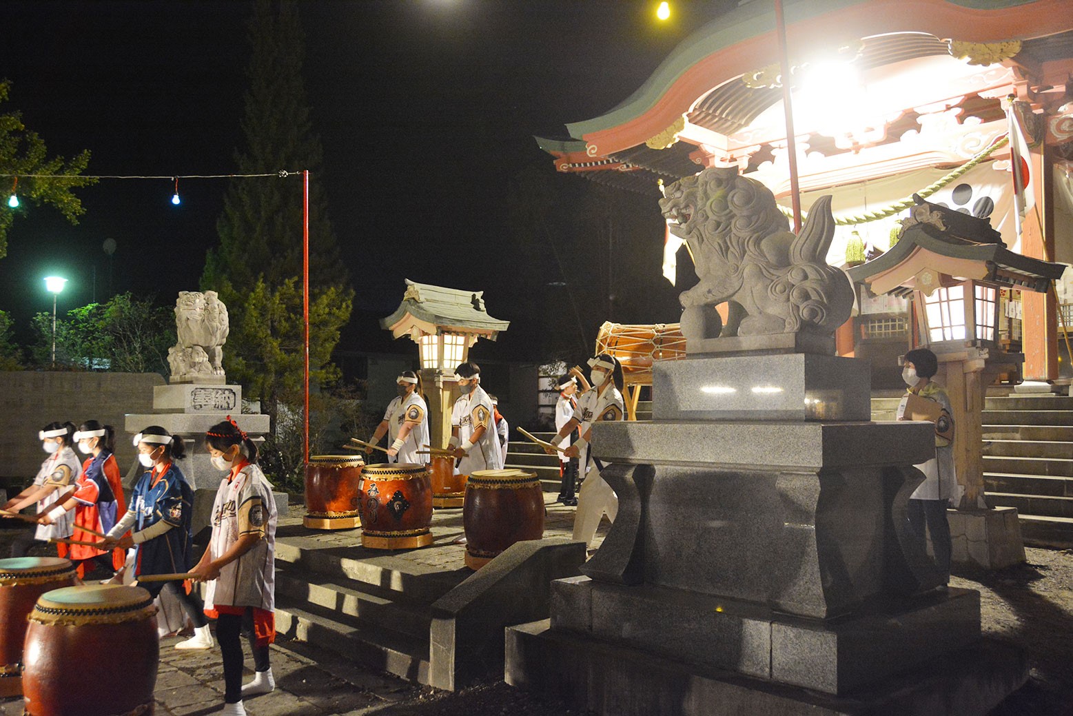 夜は花火打ち上げも実施＊栗山天満宮で伝統芸能を披露